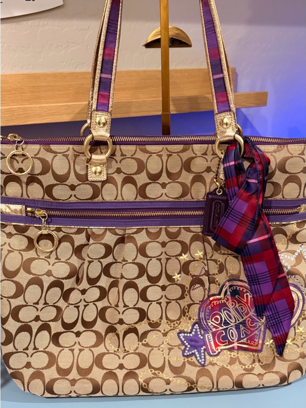 Coach Poppy Tan Signature Tote with Purple Trim and Plaid Scarf